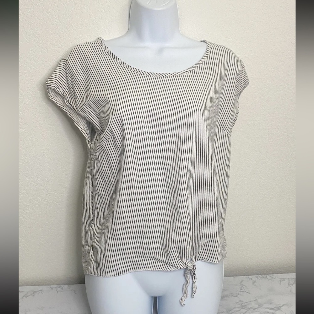 Antibes Blanc Linen Short Sleeve Top womens M Black White Striped Waist Tie X‌‌